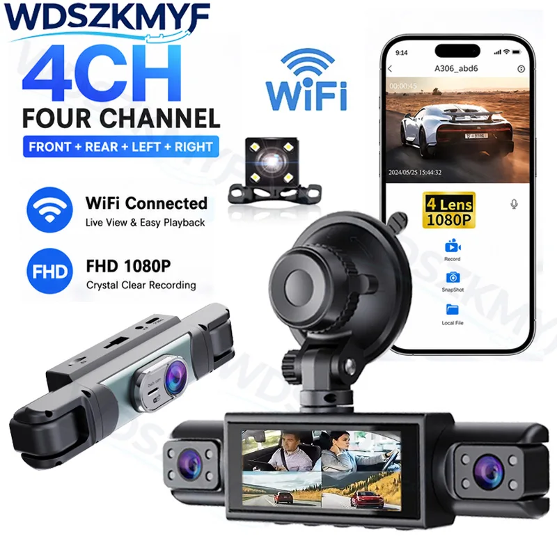 Dash Cam 3 Channel 1080P - Видеорегистратор с Wi-Fi, 4-канальный, камера заднего