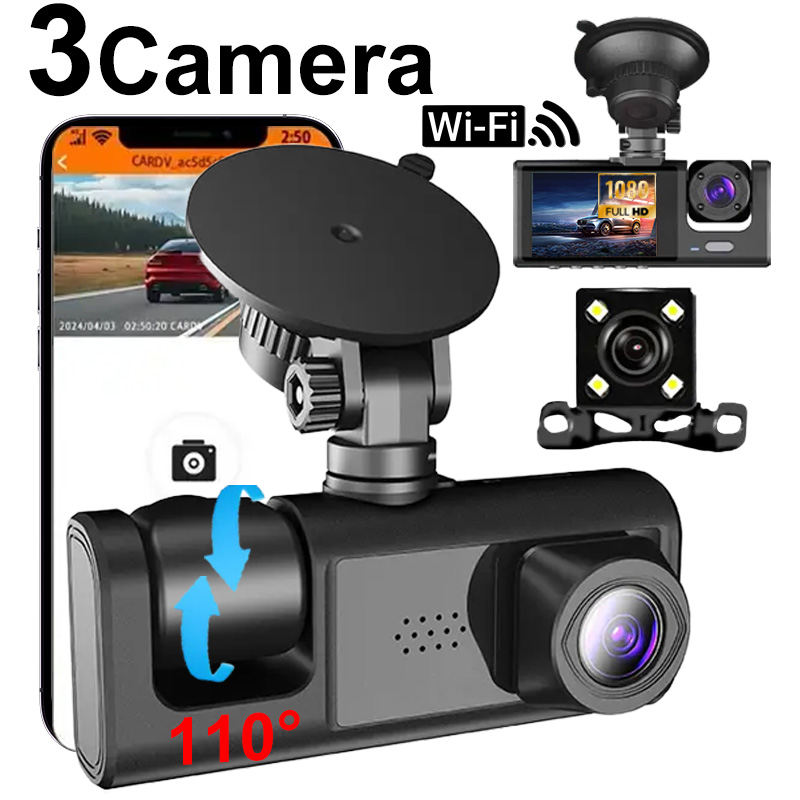 Dash Cam 3 Channel 1080P - Автомобильный видеорегистратор с Wi-Fi, тремя камерами