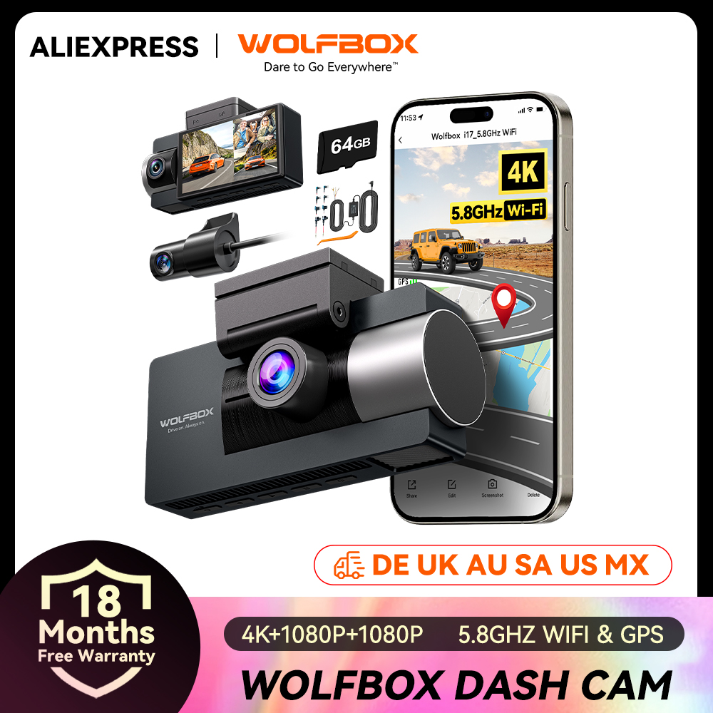 Dash Cam Front And Rear 4K - Видеорегистратор WOLFBOX I07: 3-канальная камера для