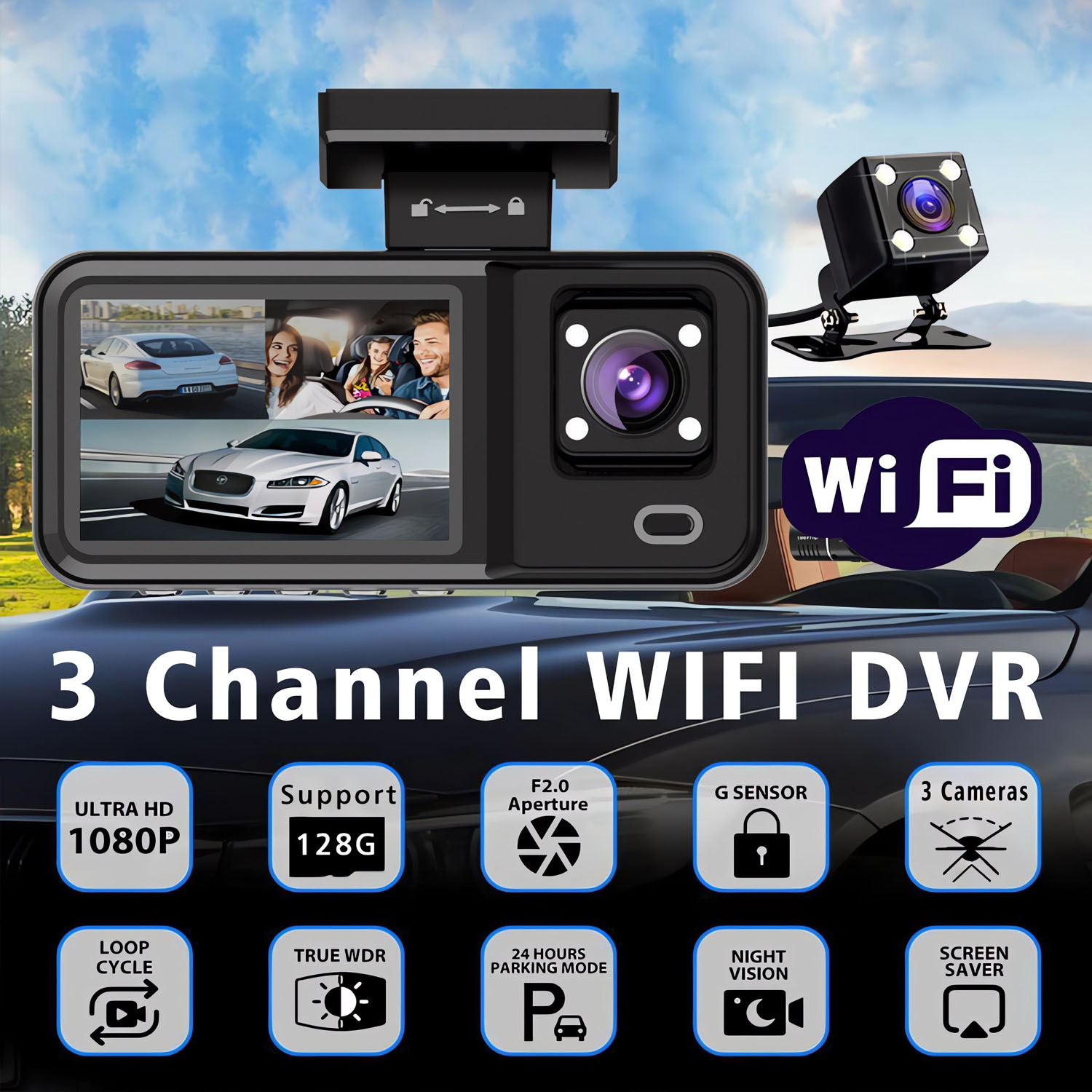 3-канальный Wi-Fi видеорегистр – обзор и цена Dash Cam 3 Channel 1080P